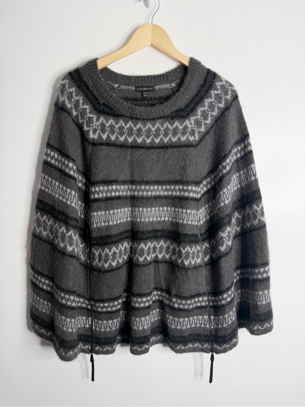 Lane Bryant 14/20 Gray Fair Isle Cowl Neck Poncho Sweater Nordic Cabin Style